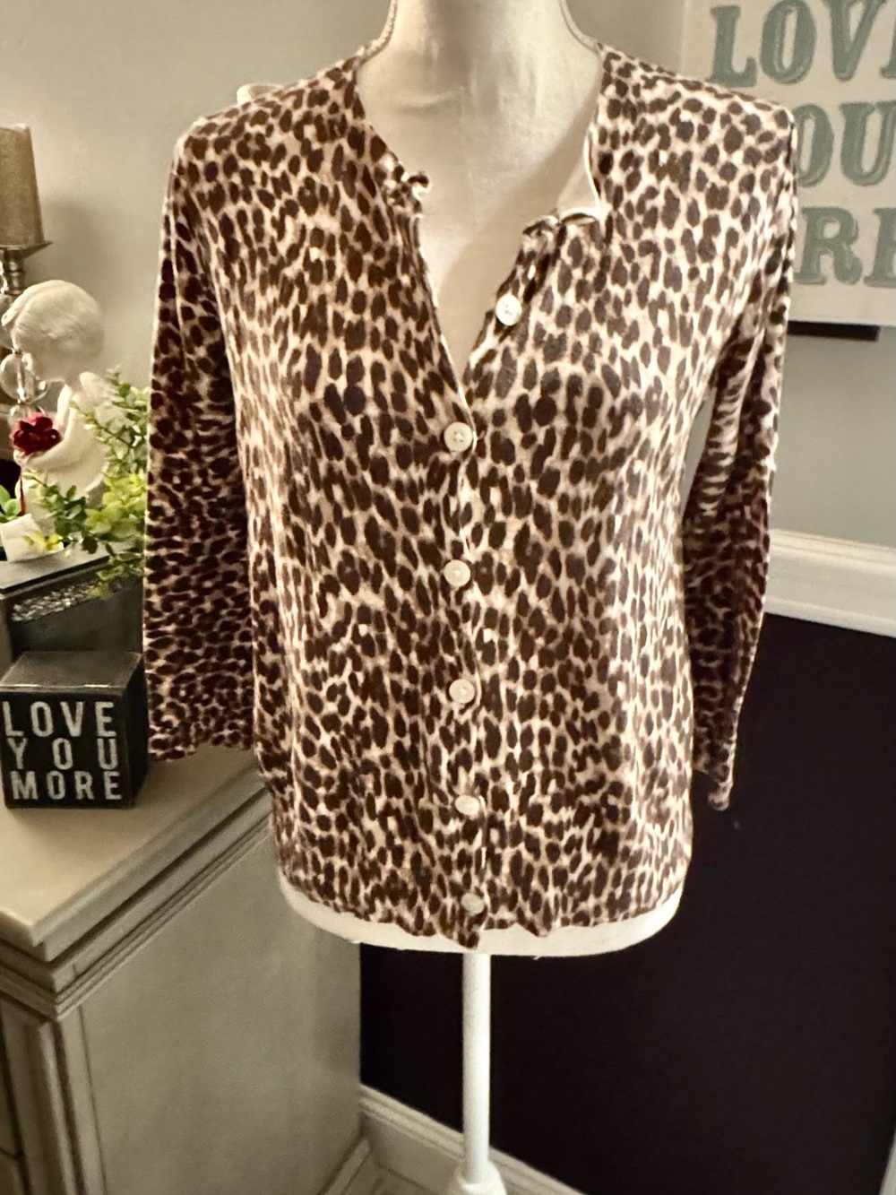 LOFT Leopard Print Button Front Cardigan Sweater Medium 100% Cotton